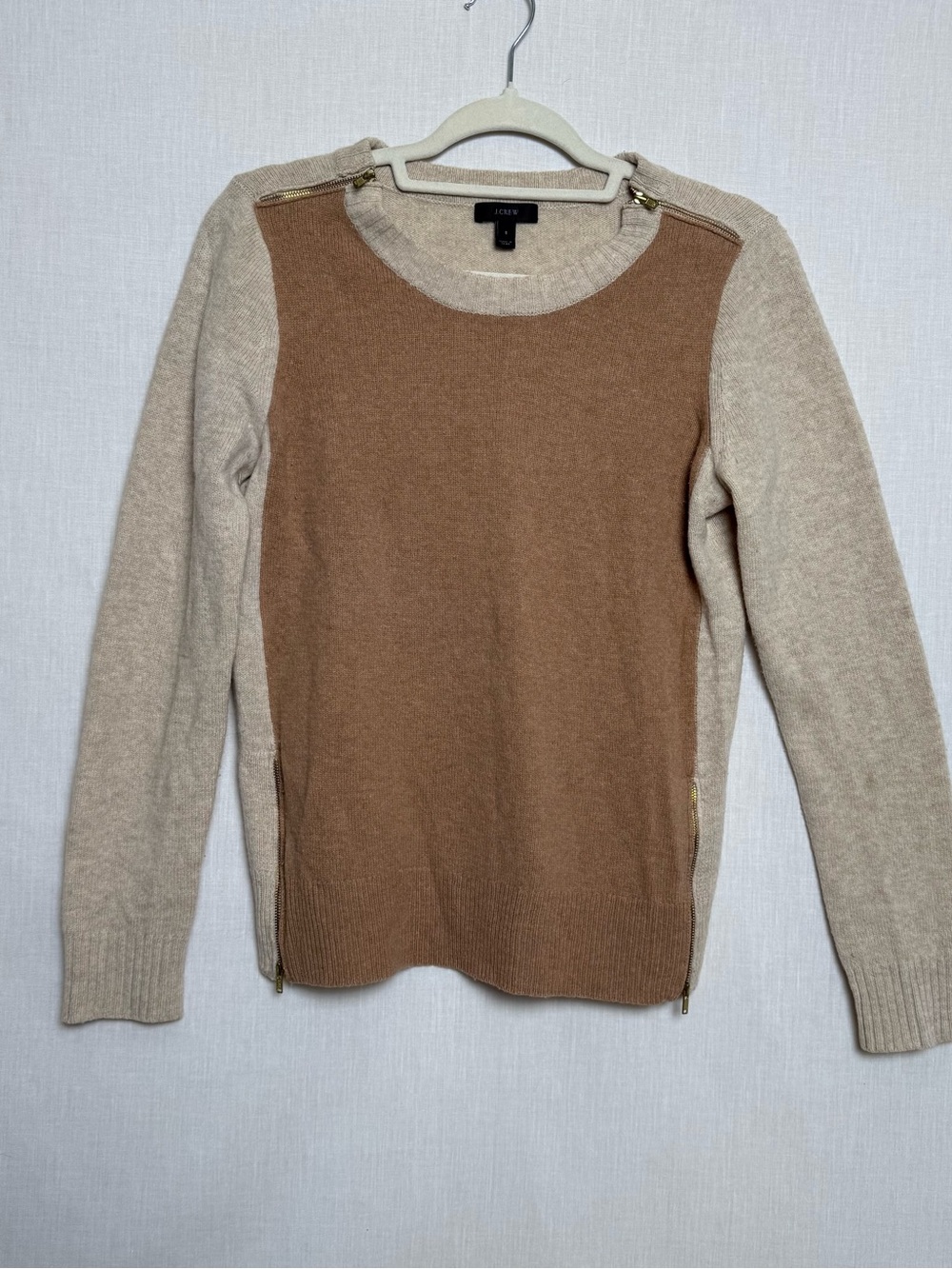 J.Crew Women’s Small 100% Wool Colorblock Sweater Tan Beige Gold Zip Detail